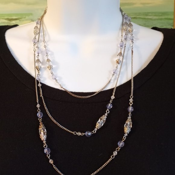Luminescent Lavender Clear Dainty Silver Tone 64" Beaded EUC Necklace-Item #213 - Picture 3 of 3